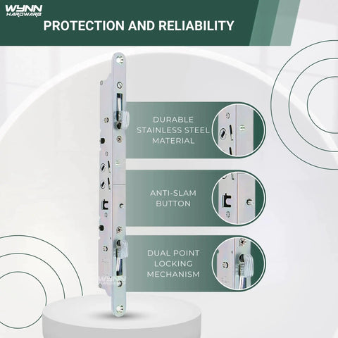 Front view of Eleven And Three Quarters Inch Multi Point Mortise Lock With Face Plate For Sliding Patio Glass Door Dual Point Lock Set Replacement Anti Slam Button Stainless Steel Handle Not Included