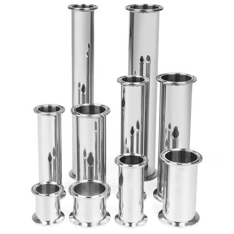 Stainless steel sanitary tubing set with tri-clamp flanges, 2 in OD, polished chrome finish.