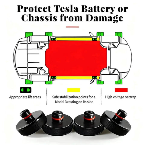 Lifting Jack Pads For Model 3 Y S X Cars Waterproof Pucks With Case 4 Pack shown with diagram of Tesla lift points and protection areas.