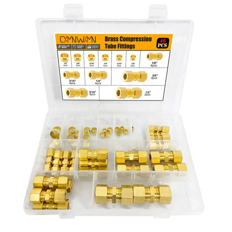 Ultimate Brass Compression Fittings Kit For Plumbing Pros And DIYers, 46 piece set in open plastic case with labeled compartments