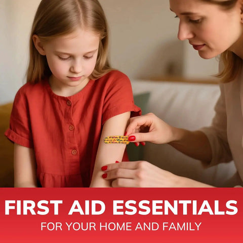 Woman applying a bandage to a girl's arm, depicting use of a Gifts For Men Christmas Mini First Aid Kit With 144 Pieces In Water Resistant Hard Case For Home Travel And Outdoors Portable Emergency Medical Kit For Minor Cuts Burns Bites Stings Plus An Eight Compartment Pill Box.