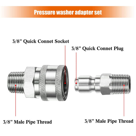 Two 3/8 in stainless steel quick-connect adapters for pressure washers: socket and plug.