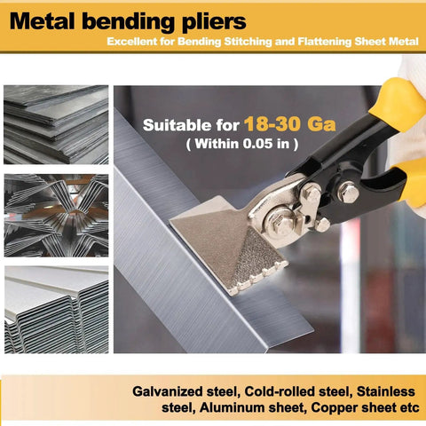 Close-up of Versatile 3 Inch Sheet Metal Hand Seamer With TPR Handle Straight Jaw Bender bending metal for HVAC projects.