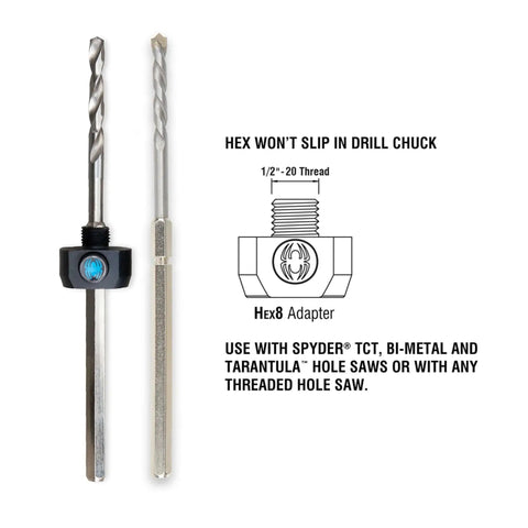 Hex8 Quick Change Hole Saw Arbor Kit With HSS Pilot Bit For Wood Metal And Plastics Three Eighths Inch Hex Shank One Quarter Inch HSS Drill Bit One Half Inch Thread Spyder Rapid Core Eject For Easy Core Removal