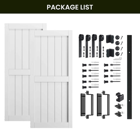 White Double Barn Door Kit With Twelve Foot Sliding Hardware 72 By 84 Inches Paired 36 By 84 Doors Non Bending MDF And PVC Coating Pre Drilled Ready To Assemble H Frame Waterproof Finish Ideal For Living Room Bedroom Bathroom Pantry package contents