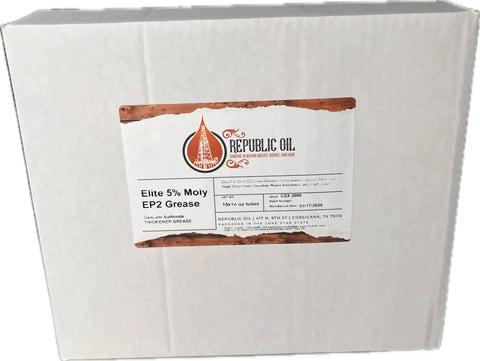 Box of Elite 5% Moly EP2 Grease, 10x14oz tubes, for high temp heavy-duty use in construction and mining, by Republic Oil