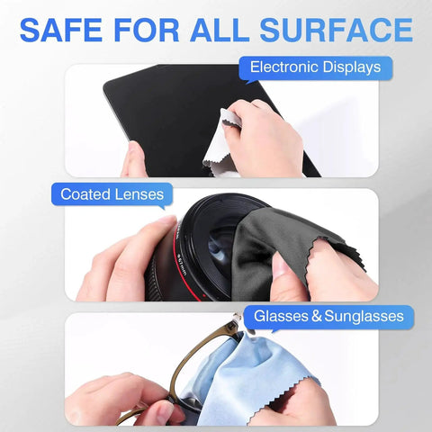 Demonstration of 60 Pack Microfiber Cleaning Cloths 6x7 Inches for Glasses, Screens, Cameras, and Phones on various surfaces.