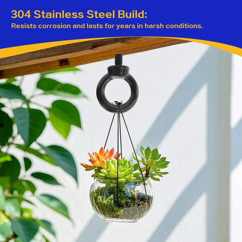 Glass terrarium hanging from M8 Eye Bolts Eight Pack Beefy Heavy Duty Lifting Eyes Stainless Steel 304 Corrosion Resistant on a wooden beam.