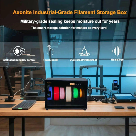 Keep Filaments Fresh With A 6 Spool Airtight Dry Box Humidity Control on a desk, showing filament spools and smart storage features.