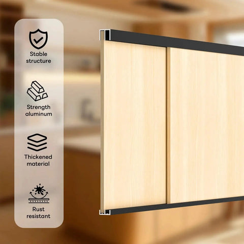 Side view of Metal Sliding Door Track Kit Two Sets 48 Inch Length For One Quarter Inch Thick Panels Cabinet Glass Closet Sliding Doors Hardware Black Finish Includes Two Upper Tracks And Two Lower Tracks Cut To Length For Custom Fit