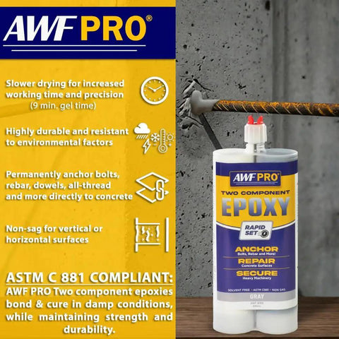 AWF PRO Two Component Rapid Set Epoxy Adhesive For Anchoring Threaded Rods And Reinforcing Bars In Uncracked Concrete 20.2 Oz