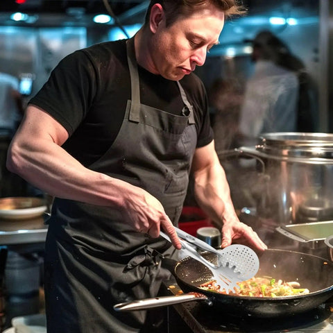 Chef using stainless steel oil filter food clip and frying tongs for steak draining in a busy kitchen setting