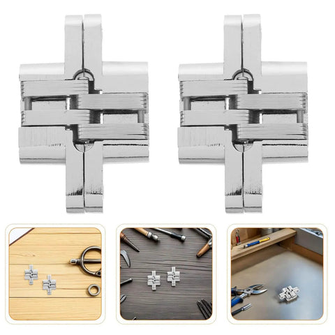 4 Pack 43mm Zinc Alloy Concealed Folding Hinges for Jewelry Boxes and Small Cabinets, white nickel plated, displayed on wood