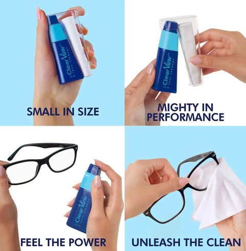Portable Eyeglass Lens Cleaner Kit With Refillable Spray And Microfiber Cloth being used on lenses and held in hand