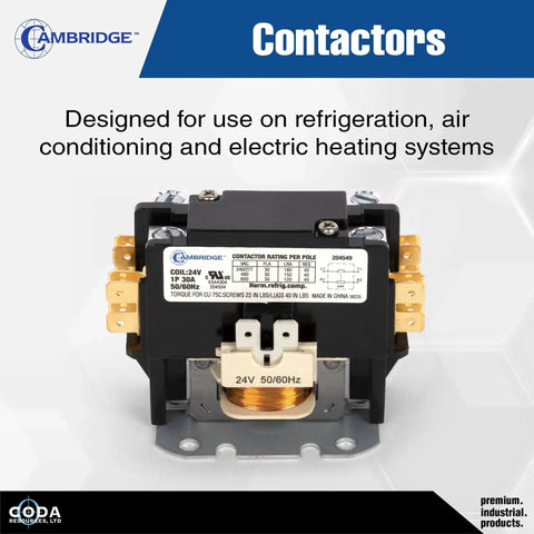 1 Pole 30A 24V AC Coil Definite Purpose Contactor for HVAC systems, shown with labels and branding in a front view.