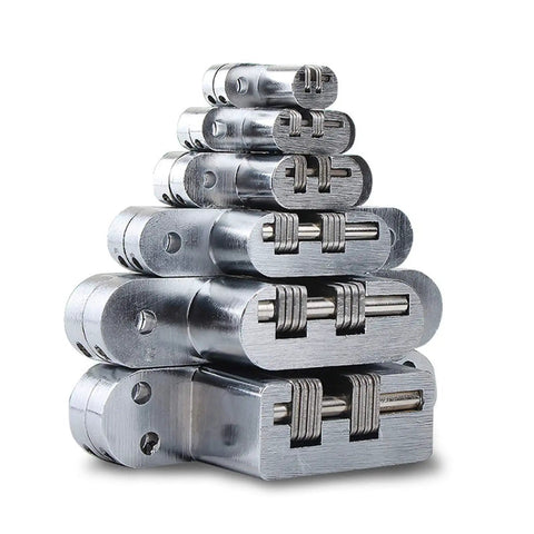 Stack of Hidden Door Hinges Two And Three Eighths Inch Concealed Cross Hinges Zinc Alloy 180 Degree Swing 8 Pack