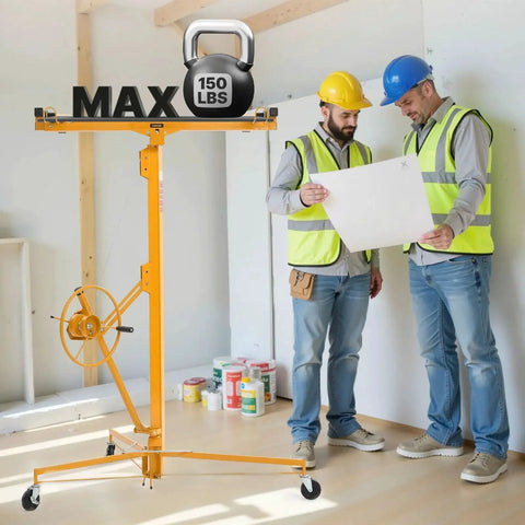 VEVOR 16ft drywall lift, front view, with adjustable telescoping arm, orange, 150 lb capacity, wheeled base.