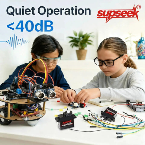 Children assembling robotics with Beefed Up 9g Micro Servo Motors With Metal Gear And Shaft Upgrade Pack - quiet operation <40dB