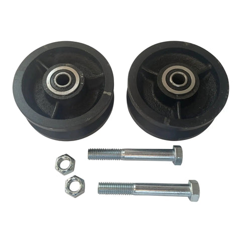 Pair of 4 inch cast iron machined V groove wheels with precision bearings bolts and nuts, 1/2 inch bore and 2-3/16 inch hub length