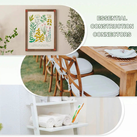 Collage with light wooden furniture, a botanical poster, outdoor seating, and a towel rack, highlighting essential construction connectors.