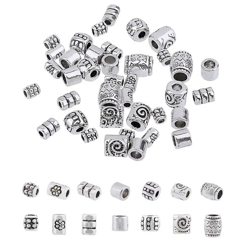 260 Pcs Tibetan Spacer Beads Set 7 Styles Antique Silver Column Tube Metal Spacers For Bracelet Necklace Jewelry Making Hole 1.5 To 3.5 mm