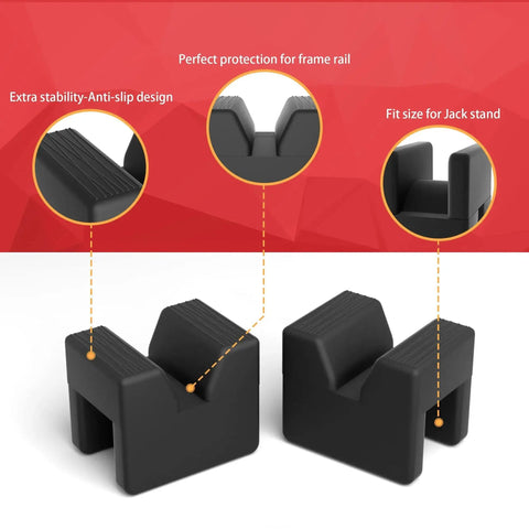 Four Pack Car Jack Pad Adapters For Jack Stands Rubber Slotted Frame Rails 3 Ton showing anti-slip design and fit