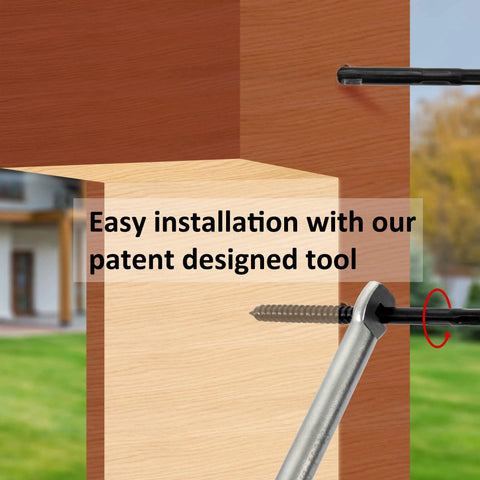 Black T316 Stainless Steel Cable Railing Kit With 20 Swage Lag Screws Left And Right Hand Thread For Wood Posts One Eighth Inch Cable Deck And Stair Railing DIY Baluster Kit Wrench Included being installed into a wooden post with wrench