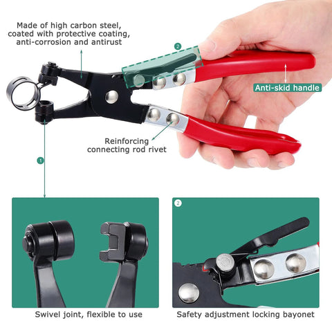 Hose clamp plier set by Amazon, red-handled tool with 5–18 mm stainless steel spring clamps.