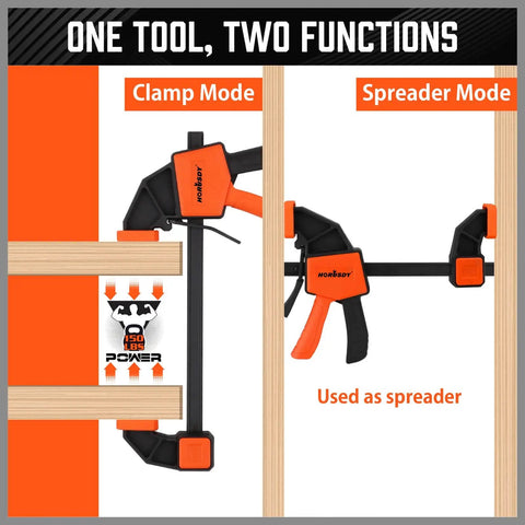 Two Pack 6 Inch Bar Clamps For Woodworking Ready To Grab And Go Quick Grip Release Heavy Duty F Clamp And Spreader Trigger Clamp With 150 Lbs Load Limit For Woodworking Carpentry And DIY Projects showing clamp and spreader modes.