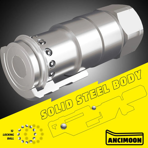 ANCIMOON 1/2 in NPT skid steer hydraulic quick-connect coupling, flat-face, solid steel body, includes 2 dust covers