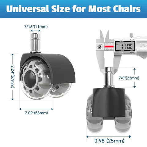Heavy Duty 2 Inch Office Chair Wheels Set Of 5 Universal Fit Rubber Casters For Carpet And Hardwood Floors Replacement Wheels With 7/16 By 7/8 Inch Stem showing size dimensions.