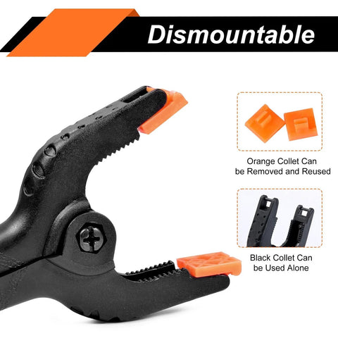 Close-up of Heavy Duty 3.5-Inch Spring Clamps 20 Pack Pro Grade For Crafts Woodworking Backdrop Stand Photography with removable orange collet.