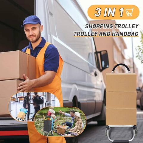 Person using Heavy Duty 3 In 1 Folding Shopping Cart With 6 Wheels And 110 Lb Capacity Portable Hand Truck; van in background
