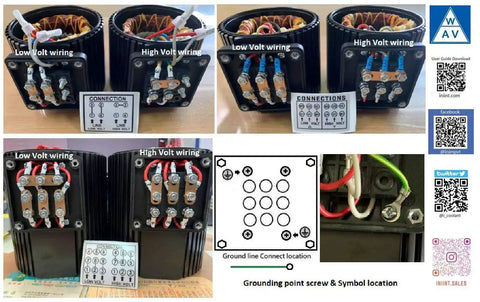 Diagrams and photos showing low and high voltage wiring setup for an electrical component with labeled connections and QR codes.