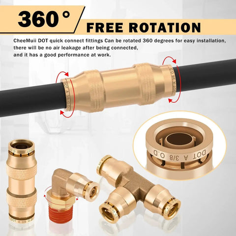 Brass DOT air line fittings with push to connect and NPT threads, shown with quick connect air hose; 360-degree free rotation feature.