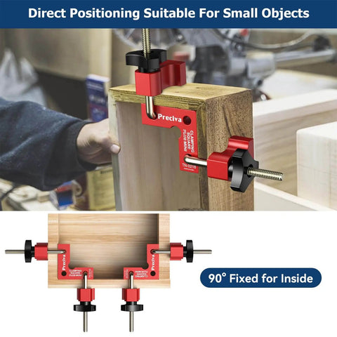 90 Degree Mini Positioning Squares Set of 2 in Red Aluminum Alloy Right Angle Clamps for Picture Frames Cabinets Drawers shown in use