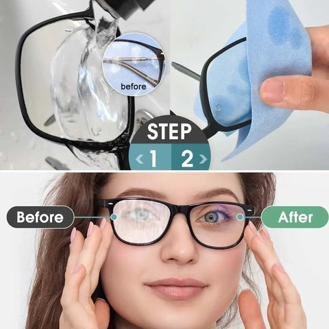Demonstration of Large Suede Microfiber Cleaning Cloths For Eyeglasses 12 Pack 20x20 Cm Lint Free, showing cleaning steps on glasses.