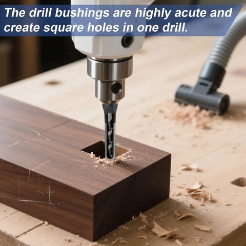 Square Hole Mortise Drill Bit Set For Mortising Machines And Drill Presses Delivers Clean Square Holes In Hardwood And Engineered Wood Not For Handheld Use Bearing Steel Six Bit Pack Pro With Inch Size Range From Quarter To Five Eighths Devvicoo in action, drilling square holes in wood.
