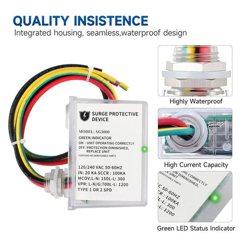 Beefed Up 120 240 VAC HVAC Surge Protector With TPMOV Tech In Watertight Enclosure shown with wiring and green LED indicator.
