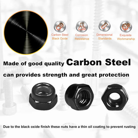 M3 Nylon Insert Hex Lock Nuts 120 Pack Self Locking Carbon Steel With 5.5mm Hex Size And M3 Pitch 0.5mm In Plastic Box Perfect For RC Cars Bikes Pedals And 3D Printer Projects image showing carbon steel construction and black oxide finish.