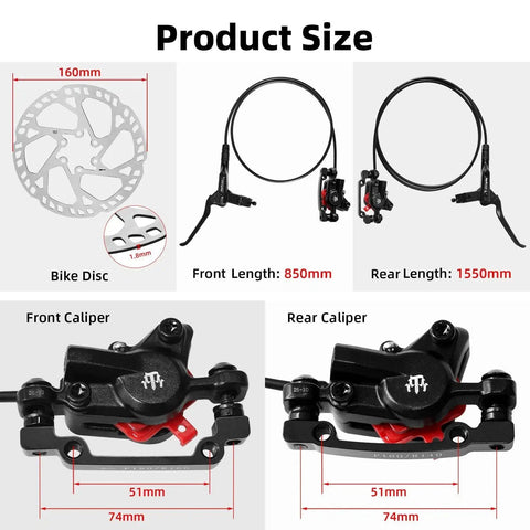 Two-piston hydraulic MTB disc brake kit with front and rear calipers and 160mm rotors, black aluminum alloy.