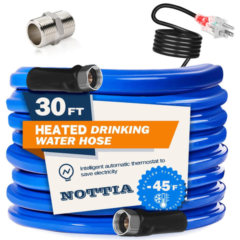 30ft heated drinking water hose with brass fittings and power plug, blue poly hose, freeze protection to -45°F for RVs