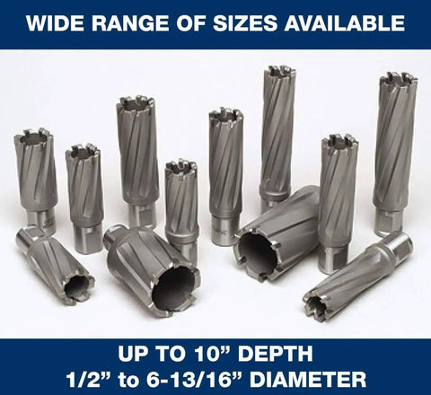 Assorted annular cutters for magnetic drills, various sizes, tungsten carbide tips on display, ideal for cutting steel and INOX.