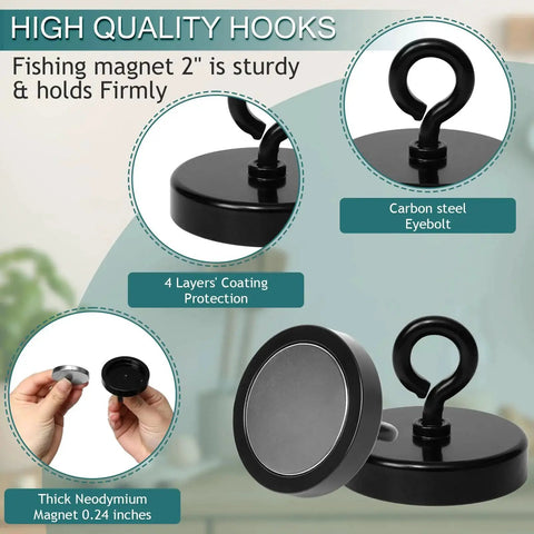 Heavy Duty Fishing Magnet 2 Inch Eyebolt Neodymium 350 Pound Lifting Handle with carbon steel and anti-corrosion coating