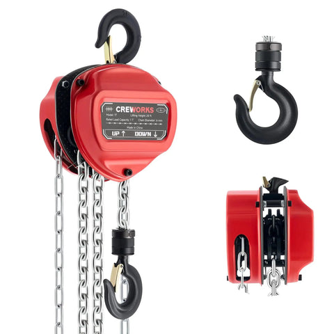 1 Ton Hand Chain Hoist With 20 Ft Lift G80 Chain And Double Guide Wheels, red housing, side view and hook details