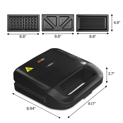 Three In One Sandwich And Waffle Maker With Removable Plates Panini Press Nonstick Plates Indicator Lights And Cool Touch Handle 750W