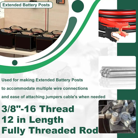 Three Eighths Inch 16 UNC Stainless Steel Threaded Rod 12 Inch Pack of 2 displayed with wiring and battery posts