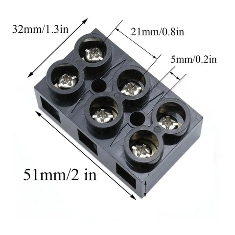 Lyot 500V 60A 3 Position Double Row Screw Terminal Block with measurements in millimeters and inches.