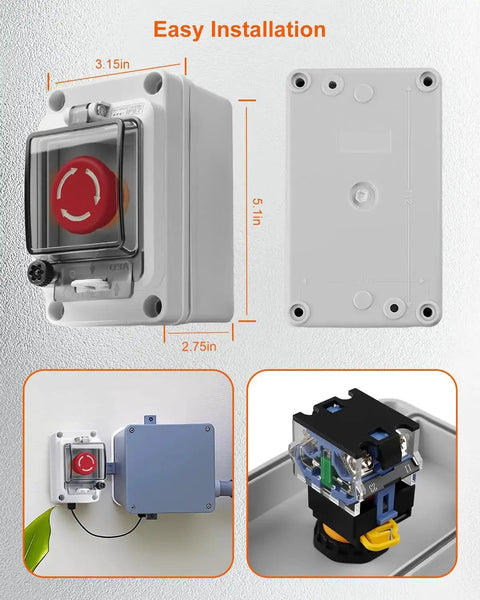 Box Type Emergency Stop Button Waterproof Shut Off Switch for Indoor and Outdoor Use With 1NO 1NC Contacts IP67 660V 10A installation view