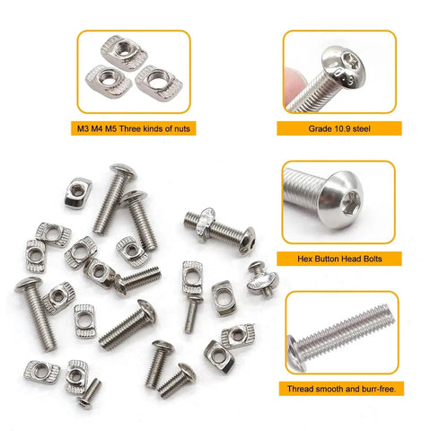 260 Piece T Nuts And Screws Kit For M-LOK And 2020 Aluminum Profiles with M3 M4 M5 nuts and bolts, hex button head bolts shown